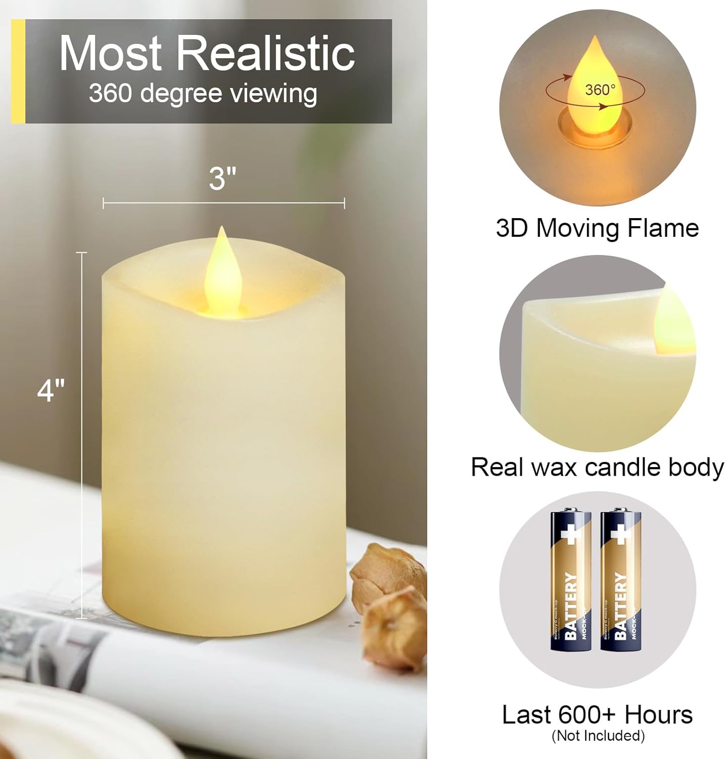 3x4 Flickering Flameless Candles Set of 3, 2AA Battery Life 600 Hours Battery Candles Flickering with Timer,4 inch Flameless Candles with Remote for Indoor/Outdoor, Ivory