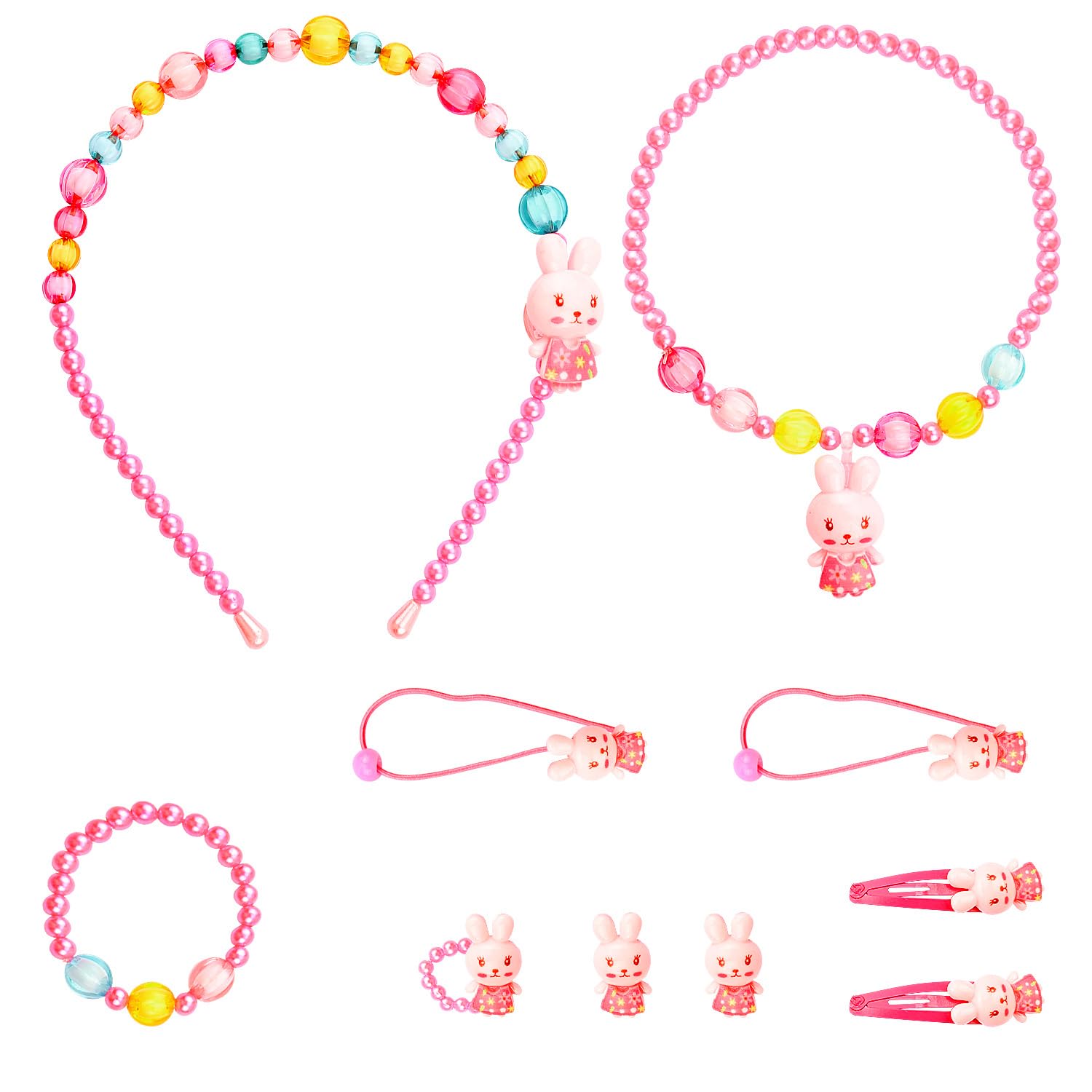 Wellrun 7pcs Colourful Bunny Jewelry Set for Girls,Necklace Bracelet Ring Earrings Hair Clips,Rainbow Princess Costume Jewelry Dress Up Accessories for Play Party Favors,Birthday