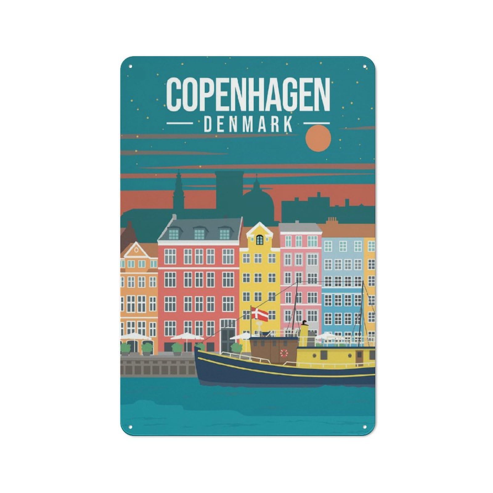 Junmoney City Copenhagen Denmark Rustic Metal Wall Sign 30X20cm Featuring For Pub Or Café, For Vintage Wall Decor Fans, For Metal Sign Collectors