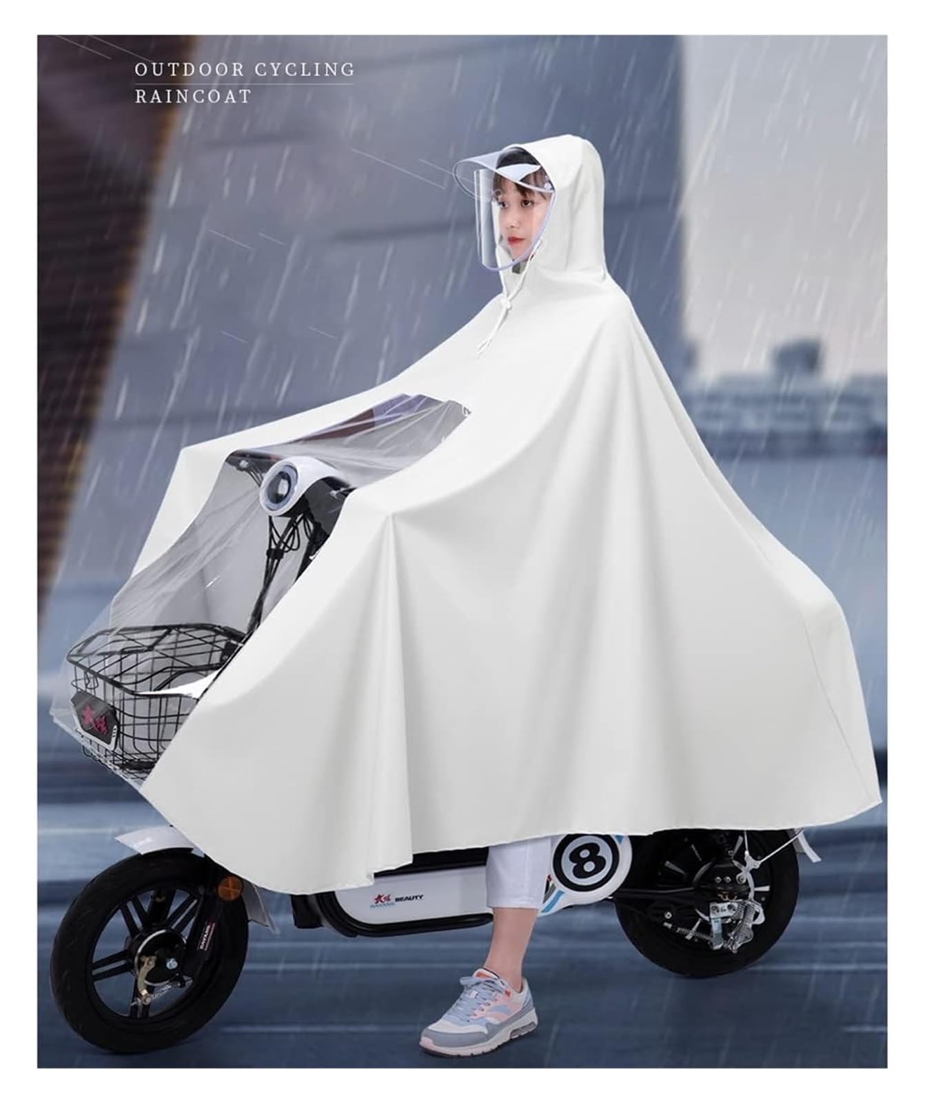 Ponczo przeciwdeszczowe z kapturem i osłoną lusterka na rowery i motocykle. Kolorowe 4XL-5XL(White2,5XL)
