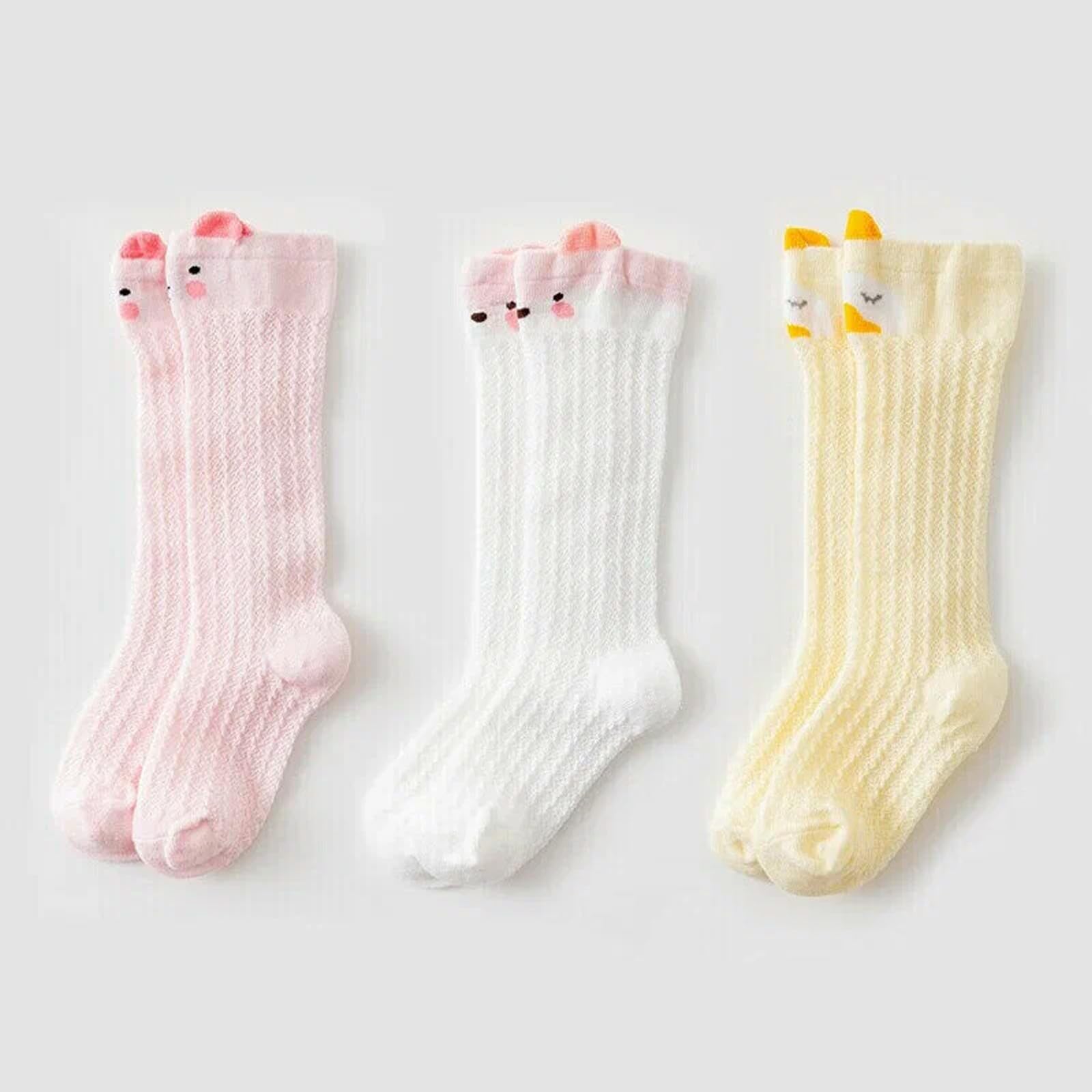 Chuppinz 3 Pairs Baby Socks for Girls, Stocking Soft Cotton, Cotton Mesh Stocking Knee High Breathable Summer Stockings Cartoon Baby, Stockings Gift for Baby Girls (Yellow, White, Pink) 2