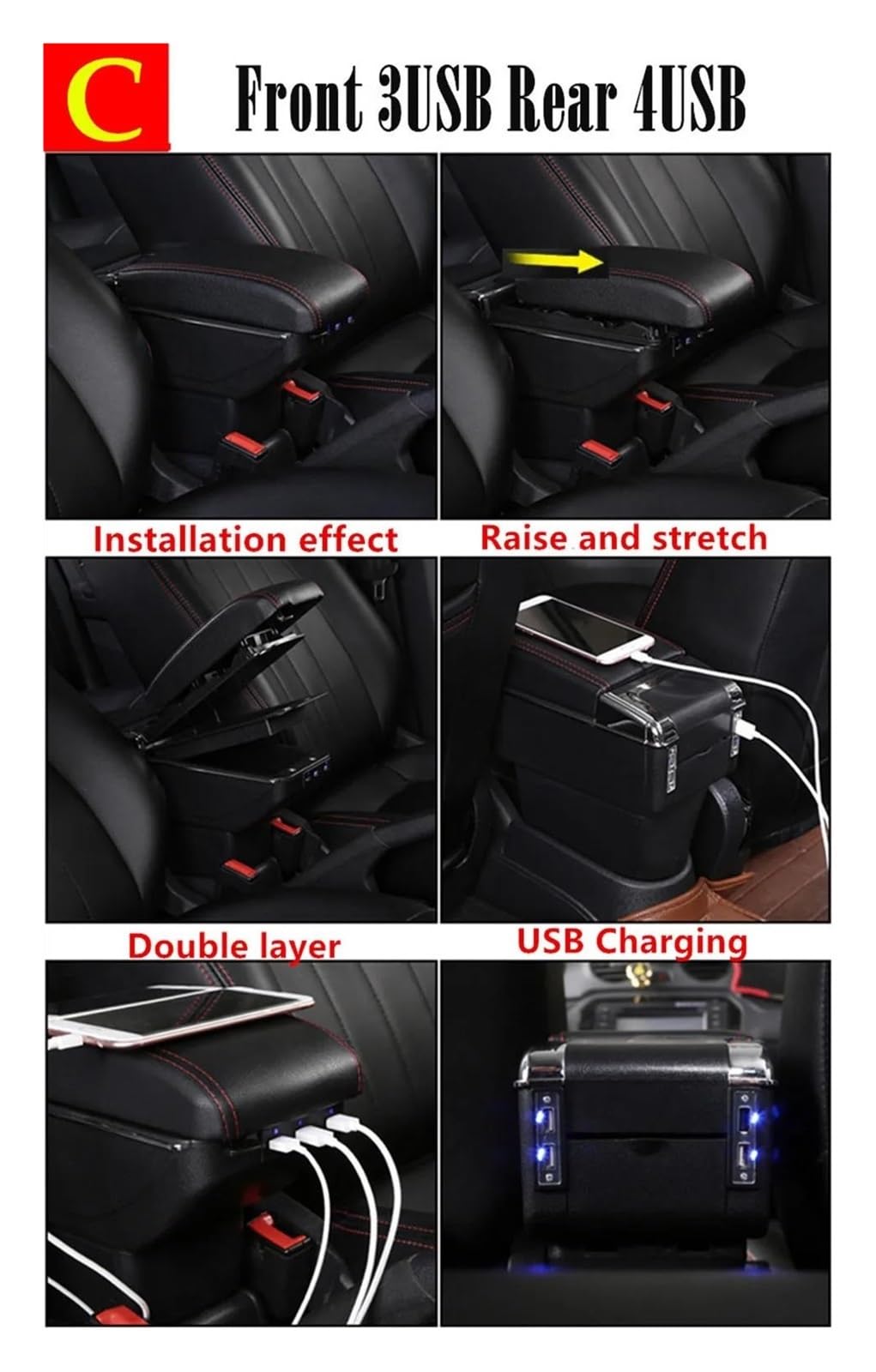 centro consola organizador caja Para MINI Para Cooper R50 R52 R53 R56 R57 R58 F55 F56 F57 Compartimento Reposabrazos Coche Accesorios Almacenamiento Central(C black line 7USB)