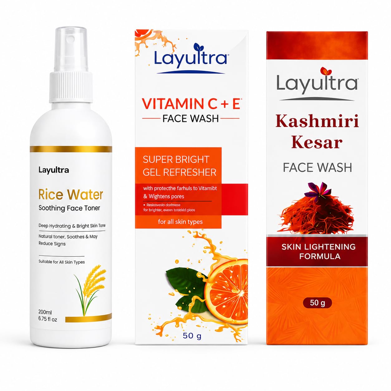 Skincare Combo Pack | Rice Water Toner 200ml + Vitamin C & E Face Wash 50g + Kashmiri Kesar Face Wash 50g | Hydrating, Brightening & Glow Boosting Skin Care Kit-image-21