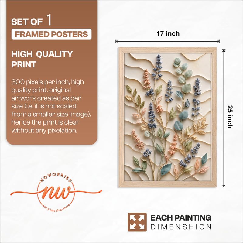 Image of NoWorries Floral Botanical Wall Painting with Frame | Premium Textured Flower & Leaf Artwork, Pastel Nature Wall Decor Framed for Living Room Bedroom Office and Home Decoration (Art-1,17x25inch)