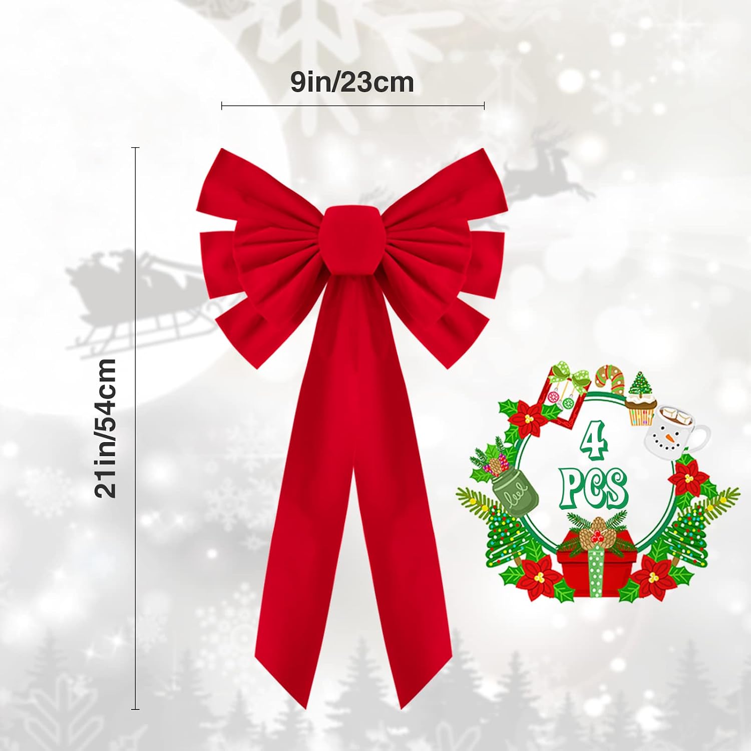 4 Pcs Medium Red Bows Christmas Tree Decor - 21"×9" Velvet Red Bows with Golden Tie, Easy Hanging for Window/Stairs/Porch/Gifts Warp/Party Supplies