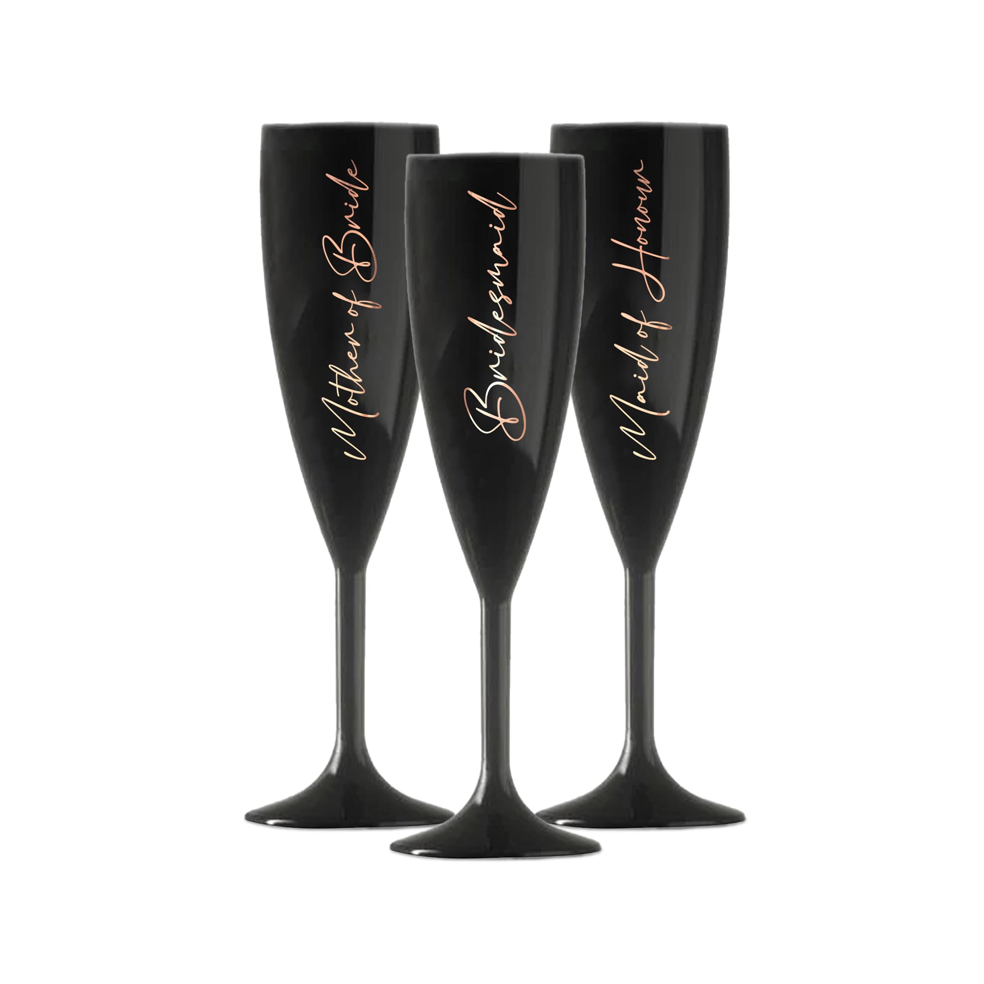 Print Maniacs Champagne Premium Black Flute Glass Bride Groom Mr Mrs Wedding Maid Honour Wine Cocktail Prosecco Celebrations Gift (Copper, Set of 3 Brides Side)