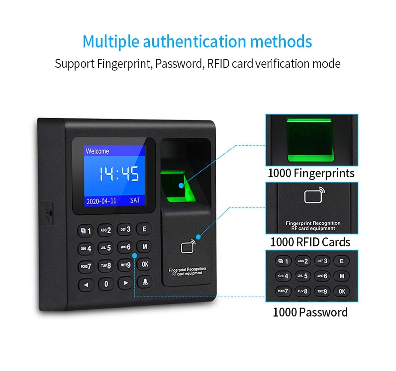 Orologio marcatempo, di controllo accessi RFID con scanner biometrico for impronte digitali, 1000 utenti, registratore presenze USB for ufficio fabbrica