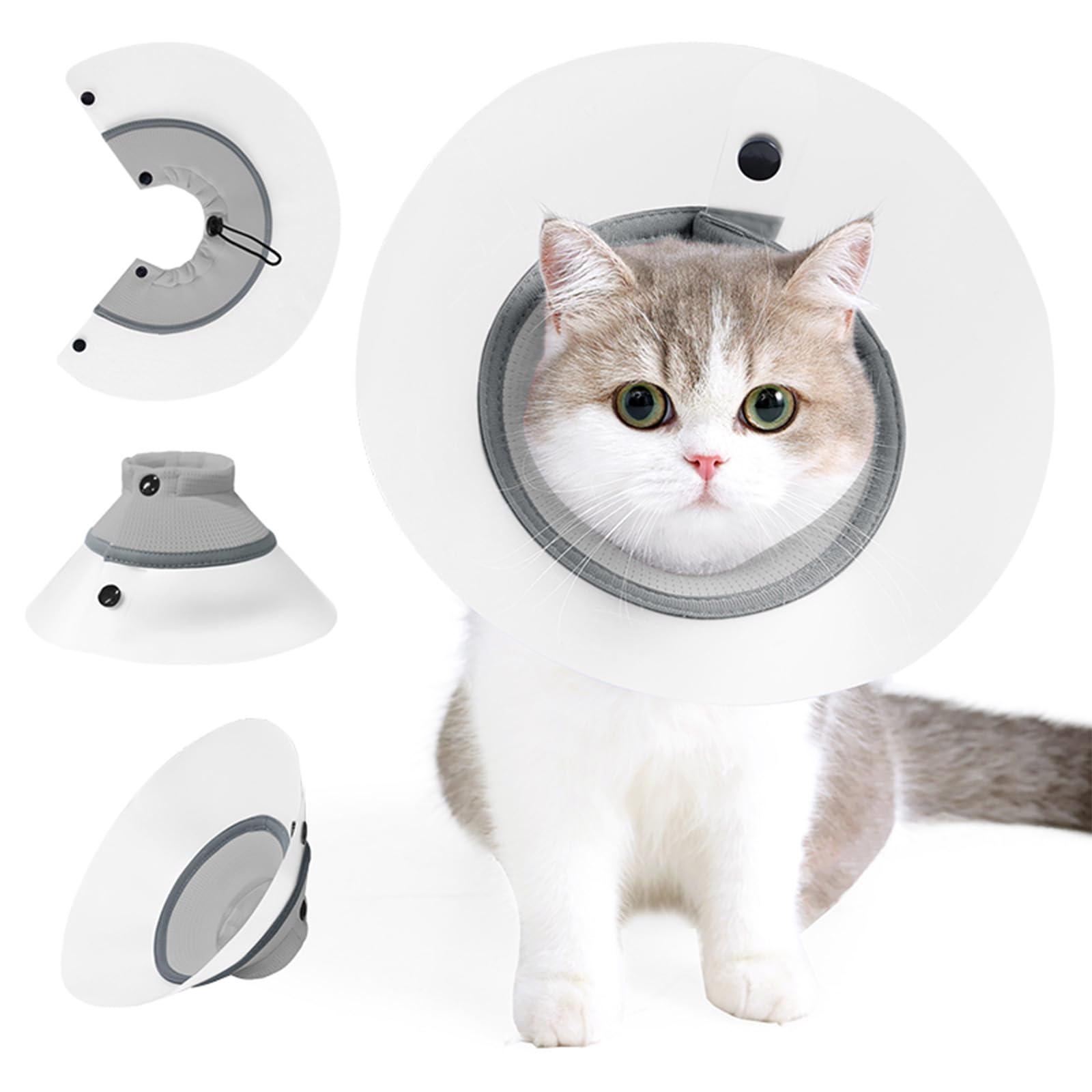 Collar de cono de gato, ajustable, desmontable, PVC, impermeable, collar isabelino, suave para dejar de lamer después de la cirugía, cono de recuperación de mascotas (gris, L)