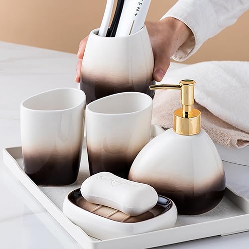 Miniatura 2 de Elegante juego de accesorios de baño de cerámica de 6 piezas con dispensador de loción, taza de enjuague bucal, bandeja de tocador, jabonera y