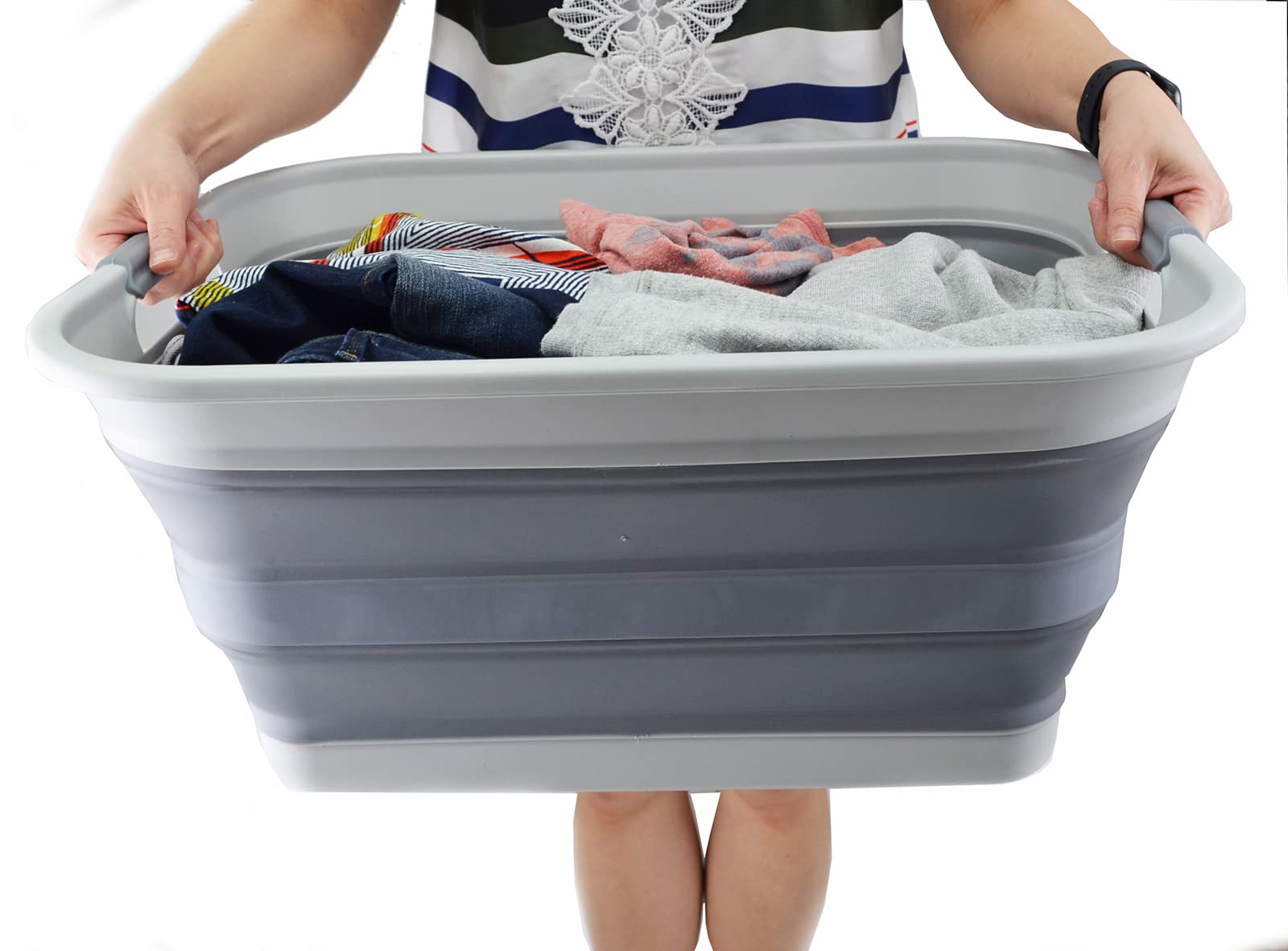SAMMART 42L - Cesto portabiancheria, in plastica, pieghevole, bacinella portatile, salvaspazio (1 pezzo, grigio)
