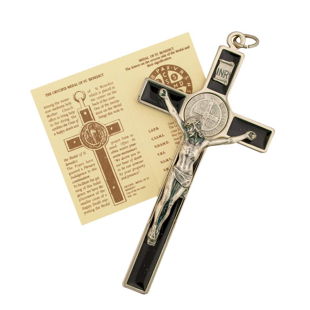 St. Benedict Wall Crucifix with Colored Enamel and Booklet Explaining The St. Benedict Medal (Black)