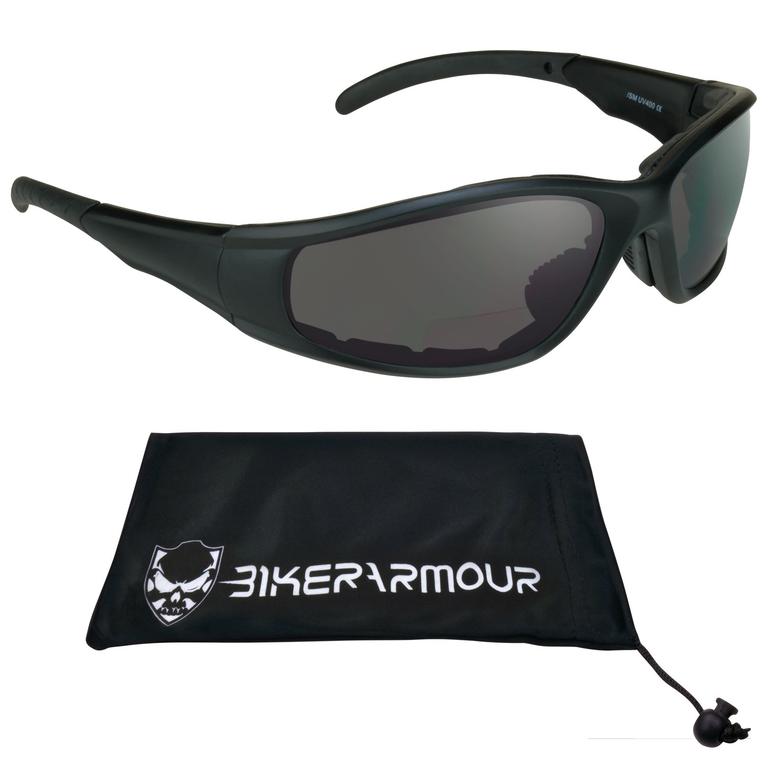 Bikershades Motorcycle Bifocal Sunglasses Padded 2.50. ANSI Z87.1 Safety Polycarbonate Lens. Free Microfiber Cleaning Case.