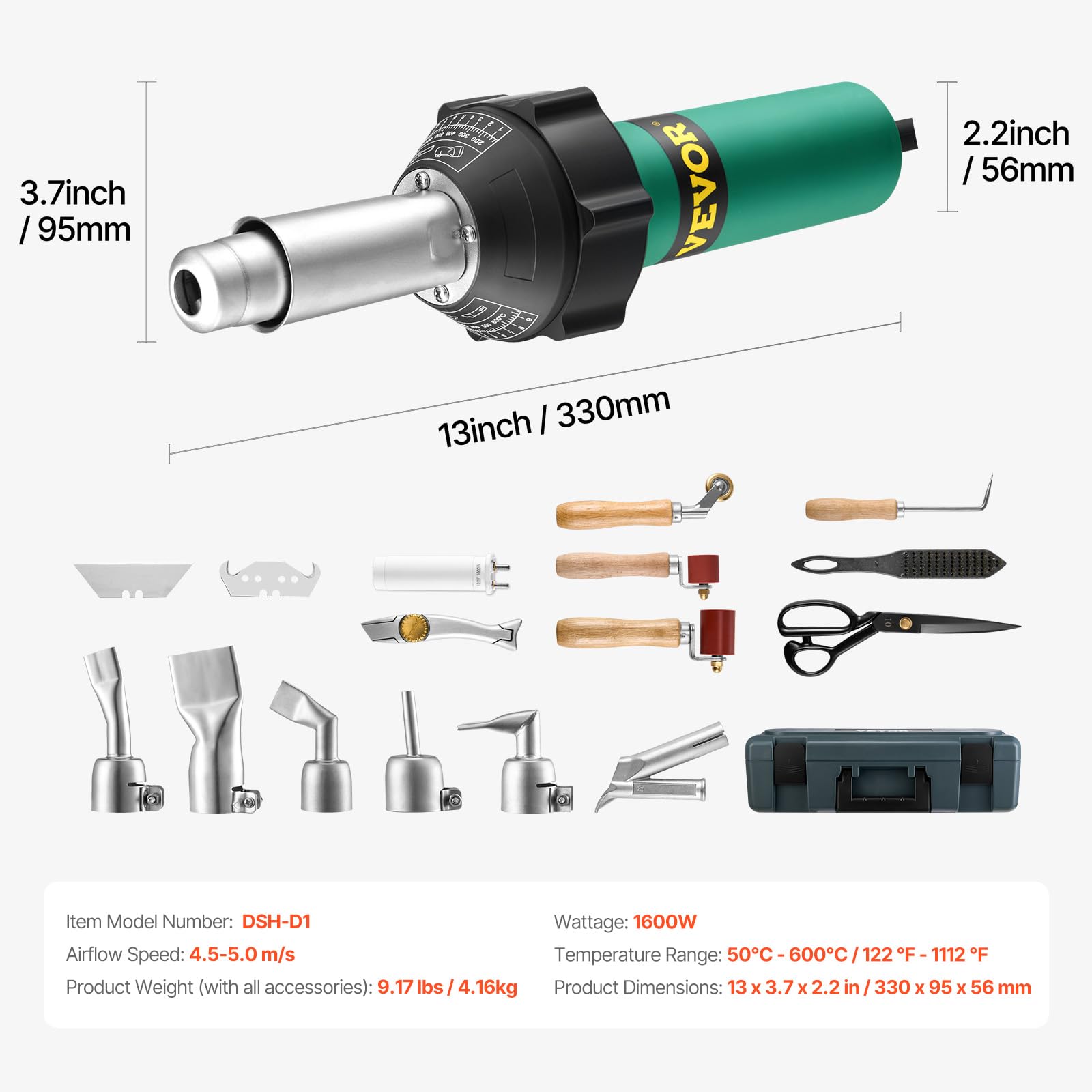 VEVOR Soudeur en plastique à air chaud, pistolet à air chaud de 1600 W, 50 à 600 °C en PVC TPO vinyle pour soudage de toiture en plastique avec 17 accessoires, boîte à outils, buse, rouleau, lames
