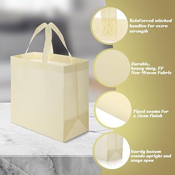 Reginary 100 PCS Reusable Totes Bags - Non Woven Grocery Handle Bags for Shop Events & Retail Store (Beige)