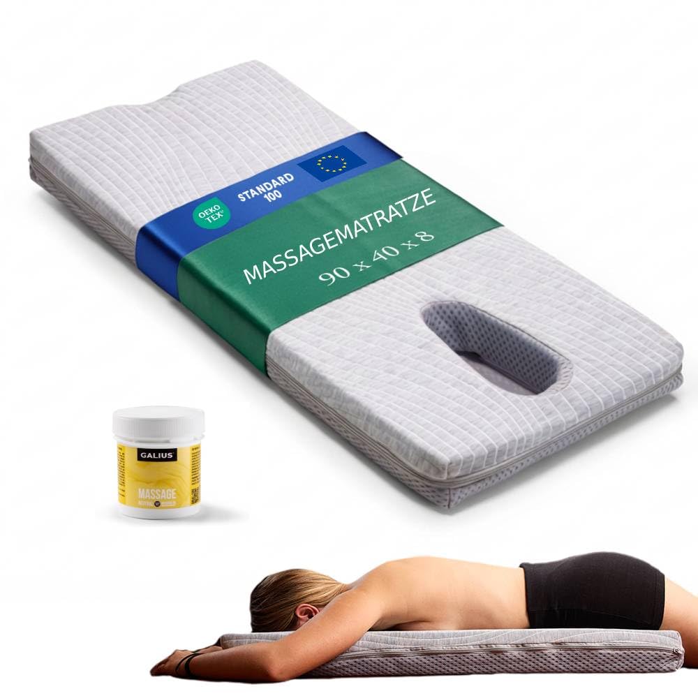 Massagekissen für Nacken, Rücken und Lendenwirbelsäule mit ergonomischer Gesichtsaussparung – bequem in Bauchlage atmen – Fester Schaumstoff, waschbarer Bezug – INKL. Massageöl 100 ml