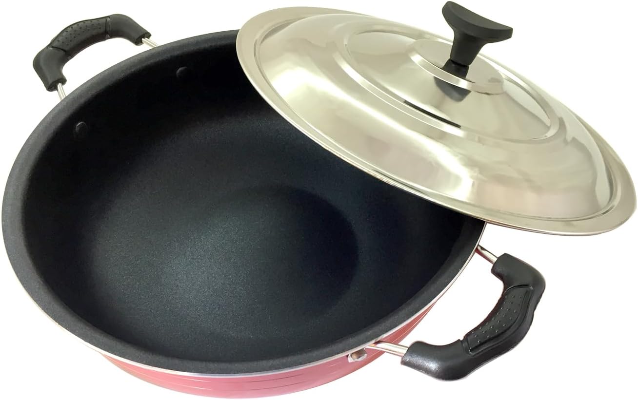 Aluminium Non-Stick Kadai with Lid,Non-Stick Cookware,Cooking Pan,Deep Fry Kadai, Non-Stick Kadai with Stainless Steel Lid, 2.5 litres Free Scrubber & Paddle,Valentine Day Gifts