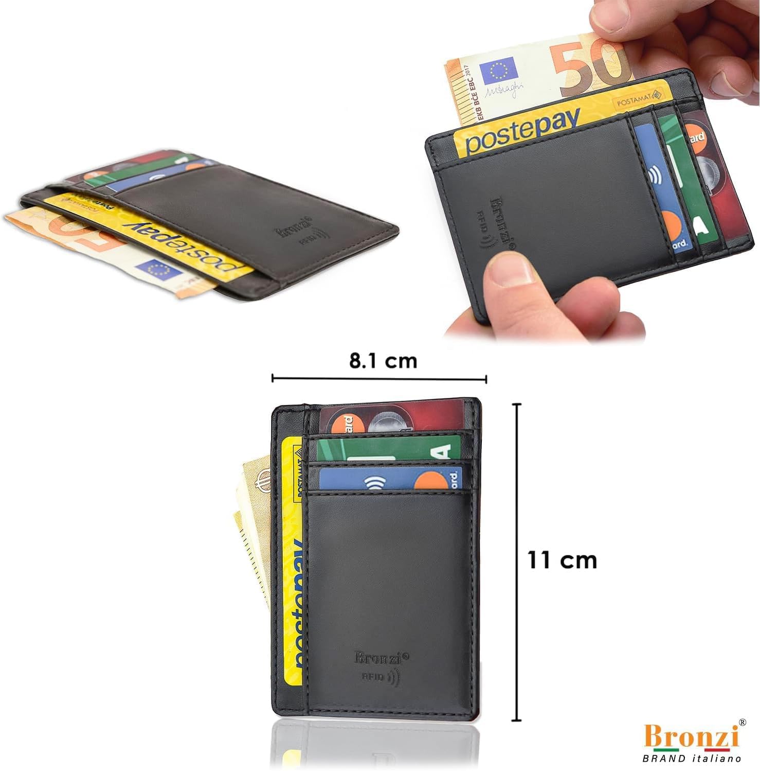 Bronzi® Portafoglio Uomo Slim | Pelle Alta Qualità Mini Nero| Piccolo Sottile Elegante | Portacarte Uomo Donna Portatessere Porta Carte Di Credito| Design Italiano Box Regalo