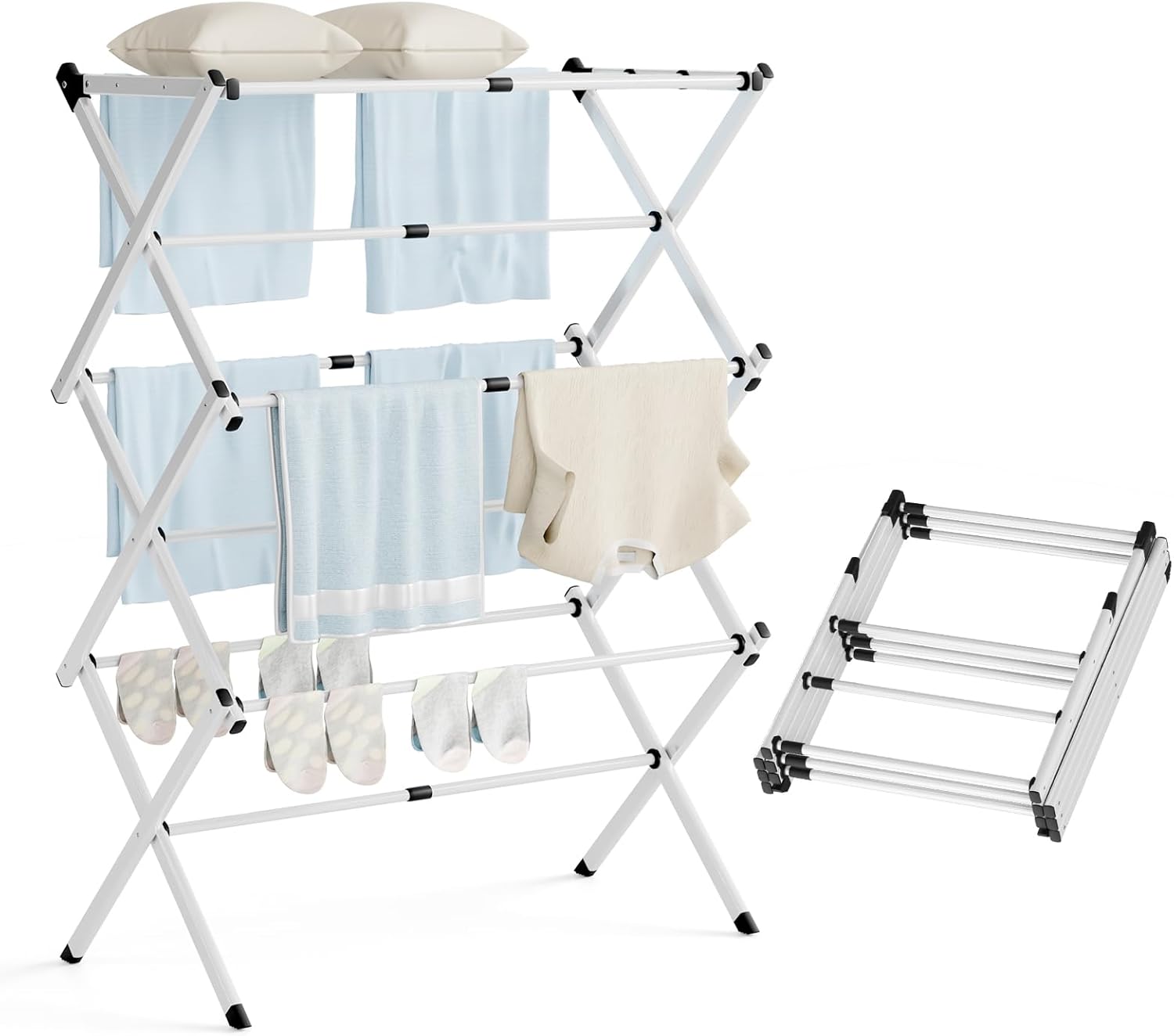 Clothes Drying Rack,Expandable Collapsible Heavy Duty Metal Laundry Standing Rack for Air Drying Clothing,3-Tier Portable Space Saving Clothing Rack for Laundry Indoor Outdoor(White)