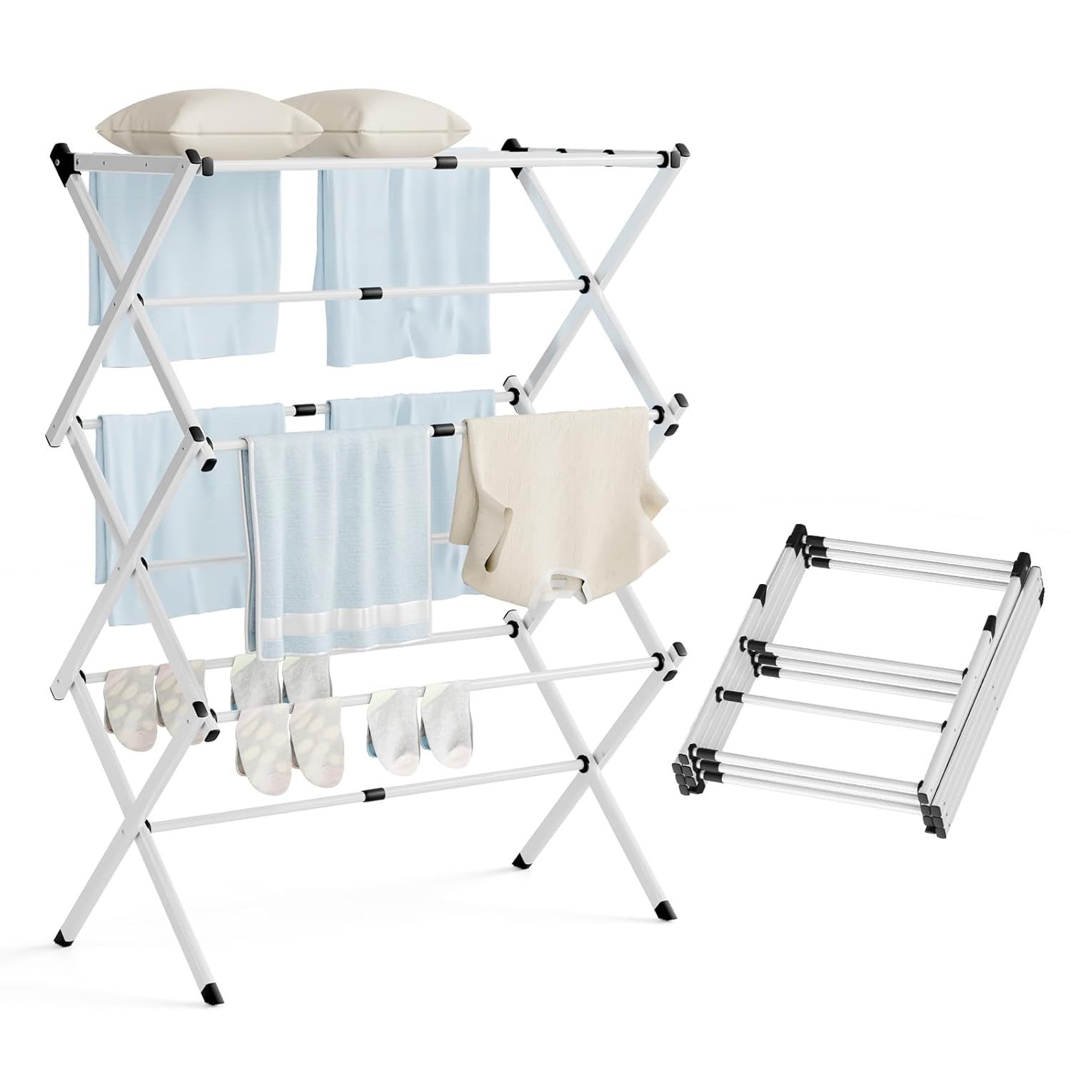 Clothes Drying Rack Expandable Collapsible Heavy Duty Metal Laundry Standing Rack for Air Drying Clothing 3-Tier Portable Space