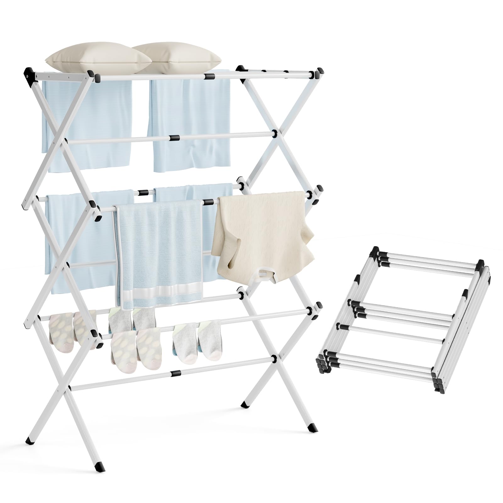 Clothes Drying Rack Expandable Collapsible Heavy Duty Metal Laundry Standing Rack for Air Drying Clothing 3-Tier Portable Space