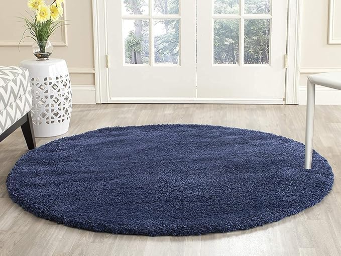 Image of Shaggy Carpets and Rugs for Hall and Drawing Room 8x8 Round Navy Blue Color