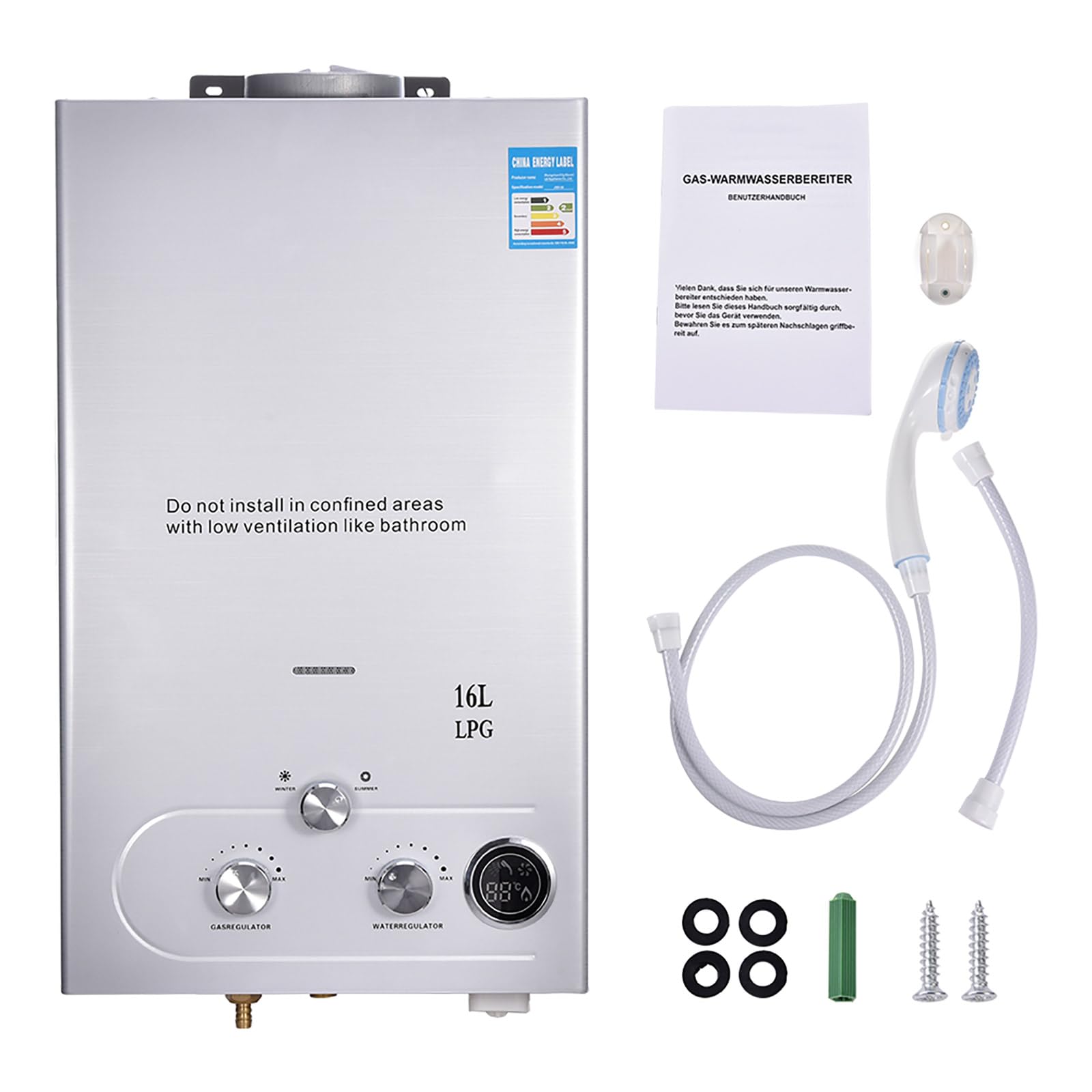 Durchlauferhitzer Gas 16L, 32KW LPG Propan Warmwasserbereiter Durchlauferhitzer Super Niedrigem 0,5bar Startwasserdruck, Mit Winter und Sommermodus, für Dusche & Täglichen Gebrauch