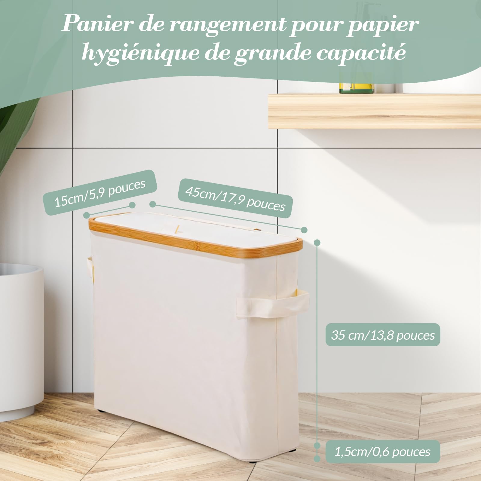 Panier à Papier Toilette En Bambou Avec Couvercle - Rangement Salle De Bain 45x15x35 Cm - Imperméable, Pliable - Capacité 12 Rouleaux