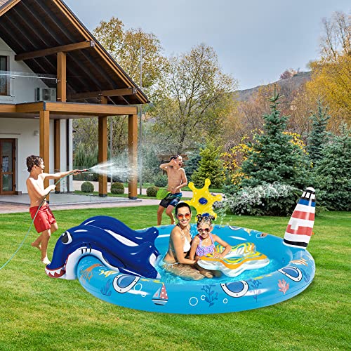 Inflatable Play Center Marine Life Spray Pool With Slide Swimming Pool For Kids Toddler Summer Garden Backyard Park Water Slide Splash Toy, 80" X 60"X25" #TOP6
