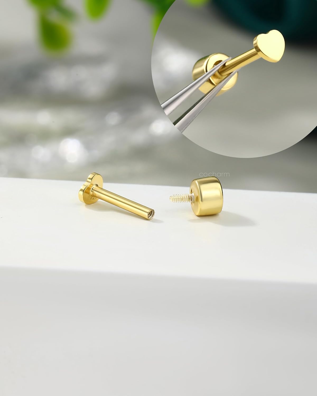 COCHARM 14K Gold Plated Flat Back Earrings Stud Cartilage Earrings Heart Post 925 Sterling SilverTragus Helix Earrings for women Internally Threaded Tragus Earrings - Image 5