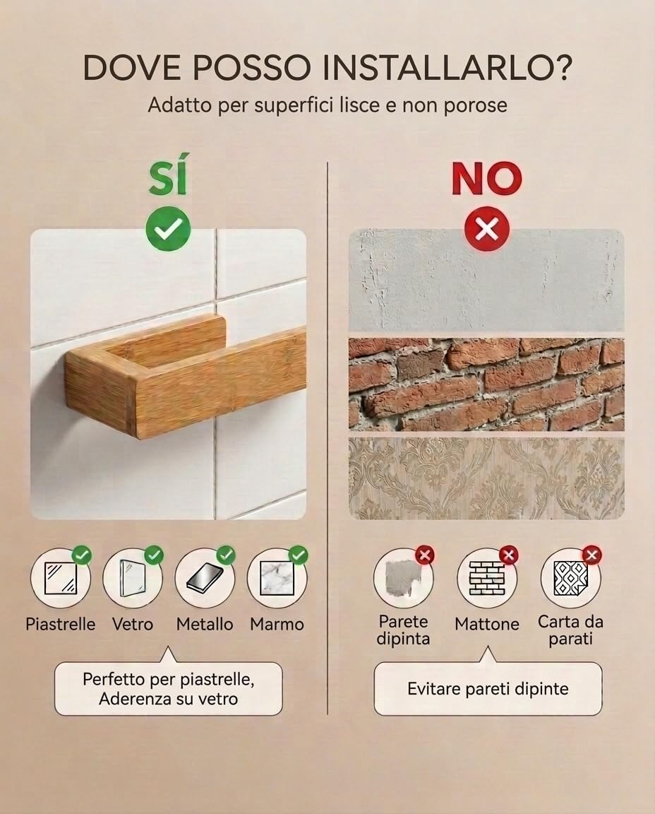 Porta Asciugamani Bagno Bambù Naturale 30cm Adesivo Extra Forte Resistente all'Umidità