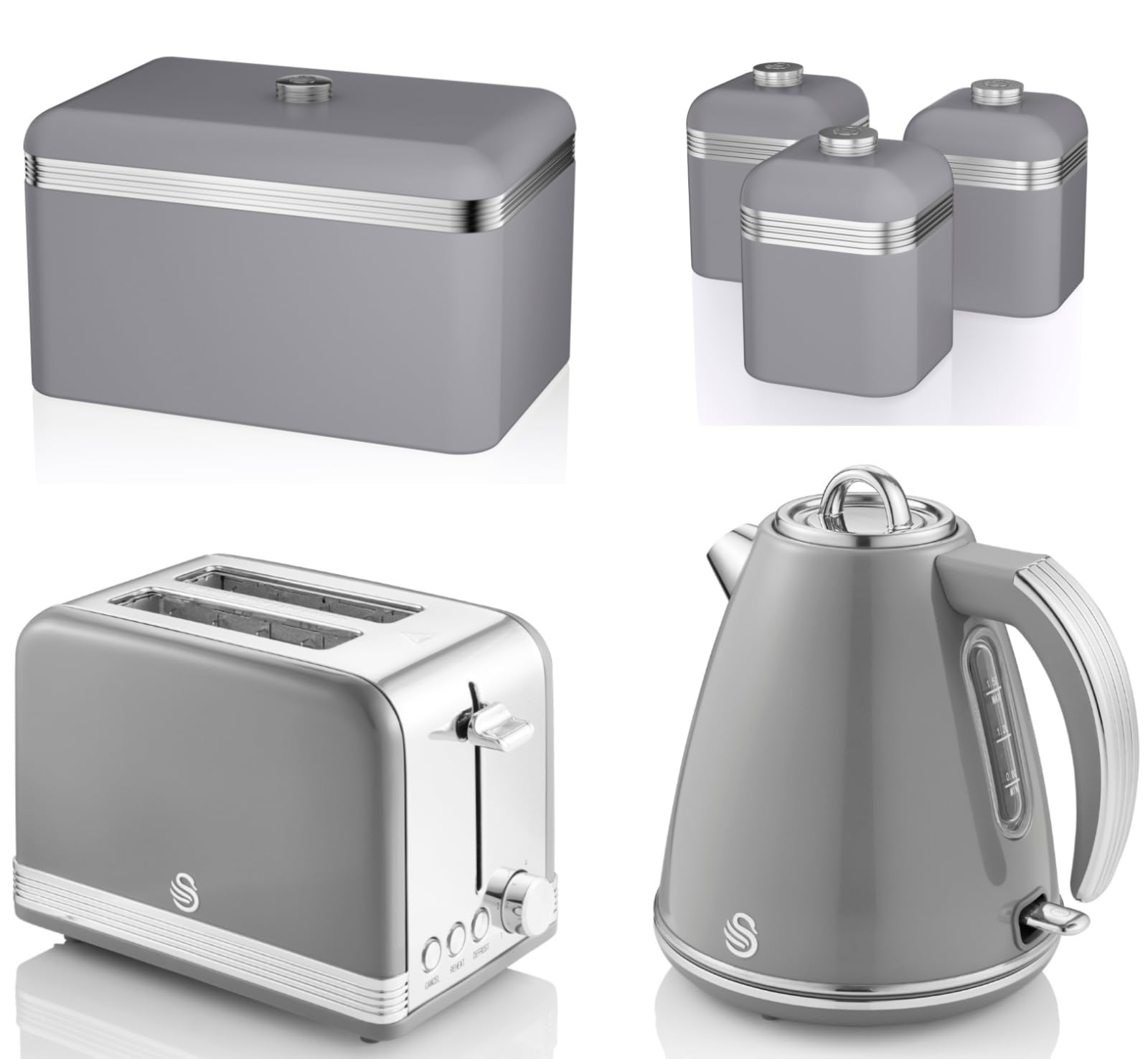 SWAN Retro Grey 1.5L 3KW Jug Kettle, 2 Slice Toaster, Bread Bin and Tea, Coffee & Sugar Canisters. Matching Retro Design Kitchen Set of 6 in Grey