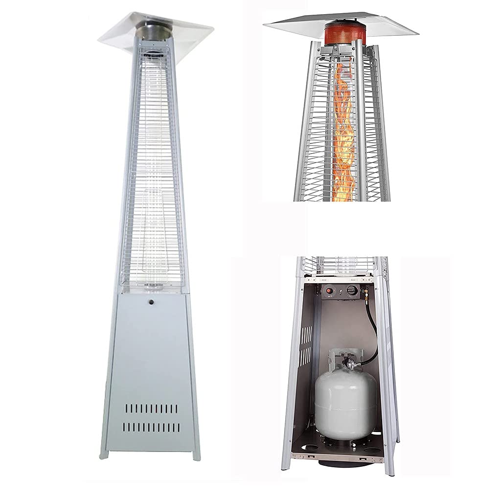 Riscaldatore Da Esterno A Propano A Piramide Da 48000 BTU Con Luci A Led Tubo Di Vetro Fiamma, Ruote, Accensione Rapida A Impulsi, Stufa Da Esterno Con Spegnimento Automatico Per Patio