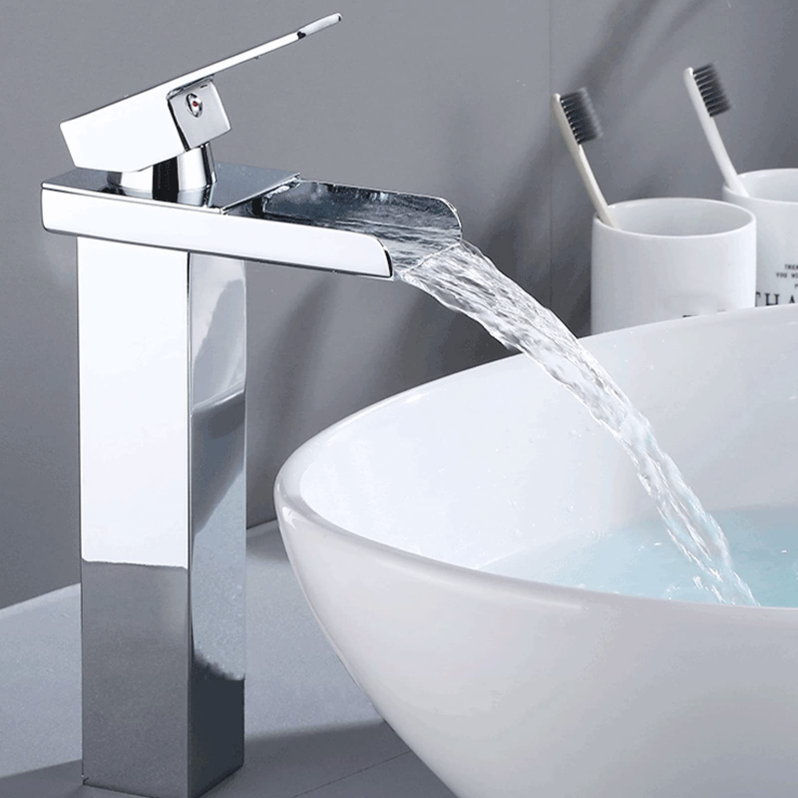 Grifo de baño de cascada alto para lavabo monomando de agua fría y caliente acabado cromo