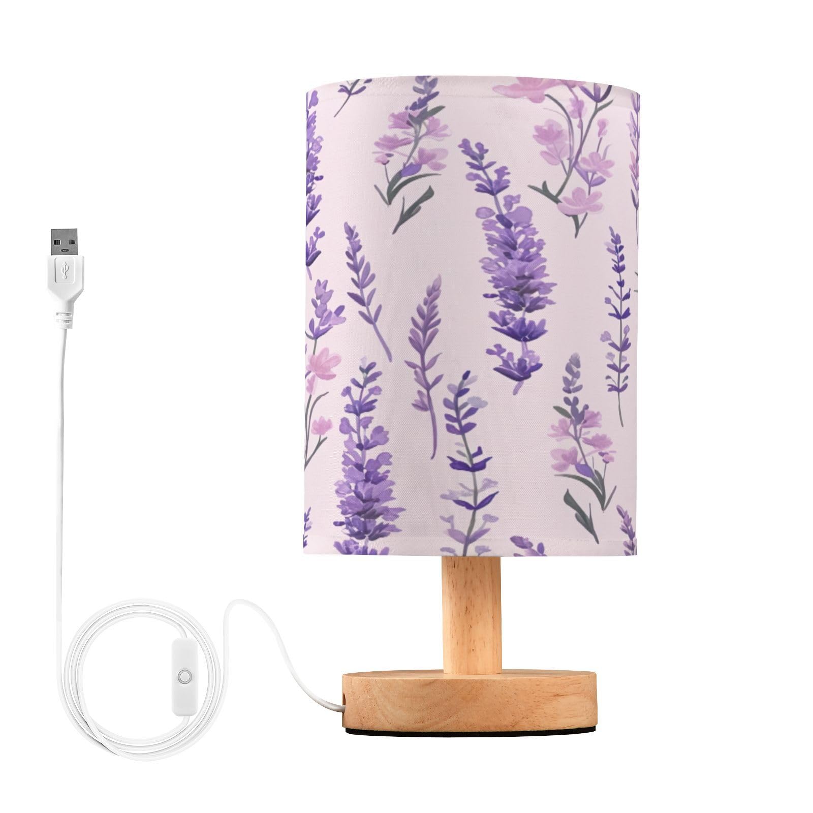 SDMKA Lavender Bouquet Bedside Table Lamp for Bedroom, Minimalist Nightstand Lamp with Round Fabric Shade for Living Room, Office, No Bulb Required