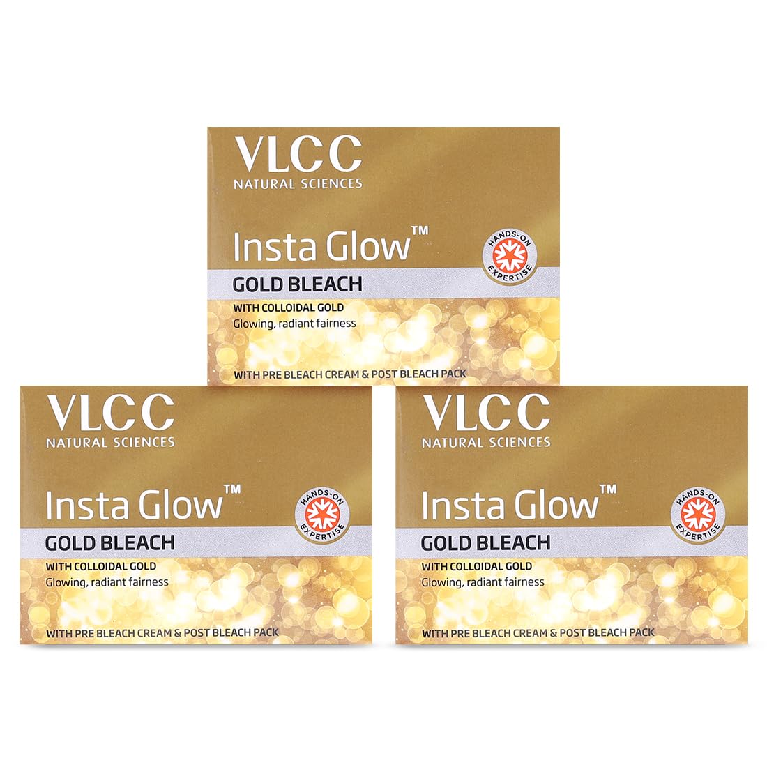 VLCC Insta Glow Gold Bleach - 30g X 3 (Pack of 3) - With Colloidal Glow For Glowing Fairness | Skin Brightening Bleach | Perfect Skin Match, Reduces Facial Hair Visibility, Brightens Complexion