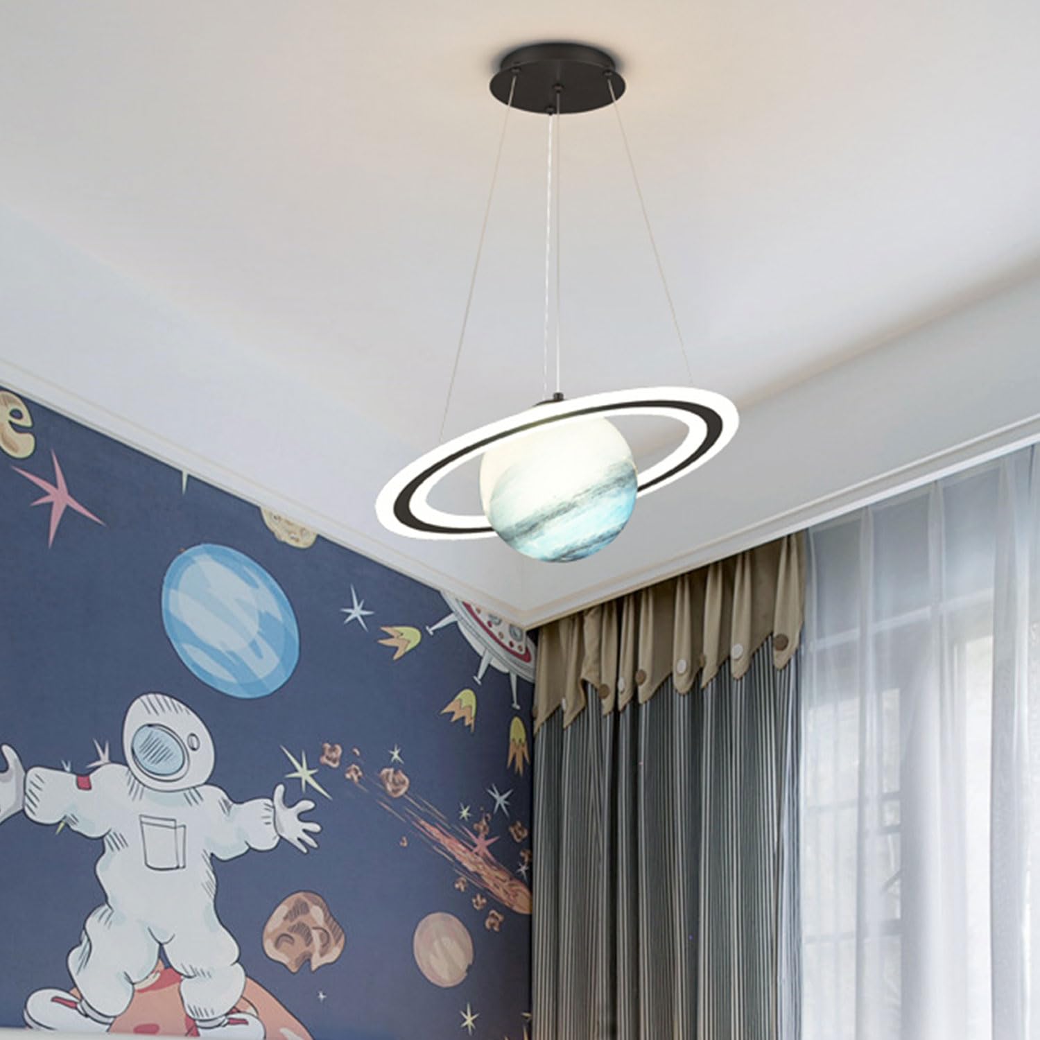 Suspensions Planètes pour chambre d'enfant, lustre d'intérieur moderne en acrylique, réglable, culot E27, avec abat-jour rond en verre, pour salon, chambre d'enfant