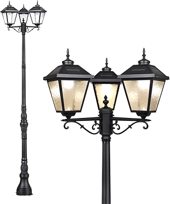 Solar Lamp Post Light, Tall 128" Triple Heads Dusk to Dawn Outdoor Waterproof Bright Solar Street Floor Light with Ripple Glass for Pathway Driveway Walkway Backyard Garden Triple Heads