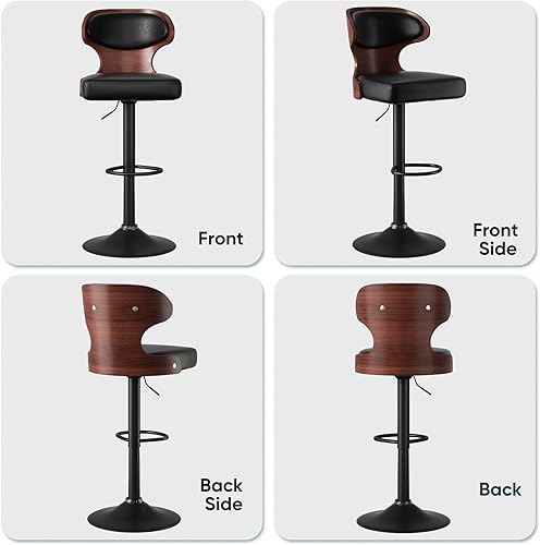 Miniatura 6 de Juego de 2 taburetes de bar con altura ajustable de 24.5 a 33.5 pulgadas, taburetes de bar giratorios de madera curvada con respaldo y reposapiés,