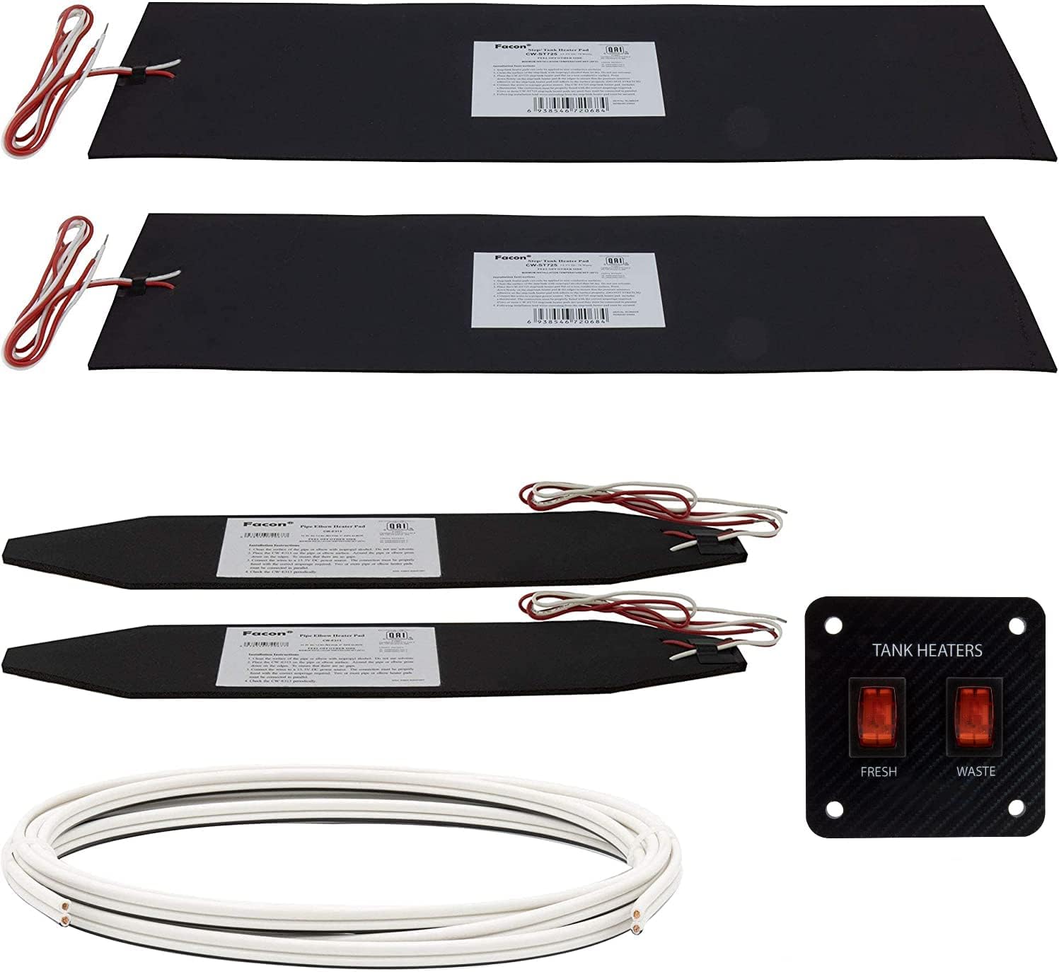 RecPro RV Tank Heater Pad Kit | 7 1/4" x 25" | Fresh Water | Gray Water | Holding Tank | Up to 50 Gallons | 12V | Toggle Switch and Wire Included | Elbow Pipe Heater Pad (2 Pads)