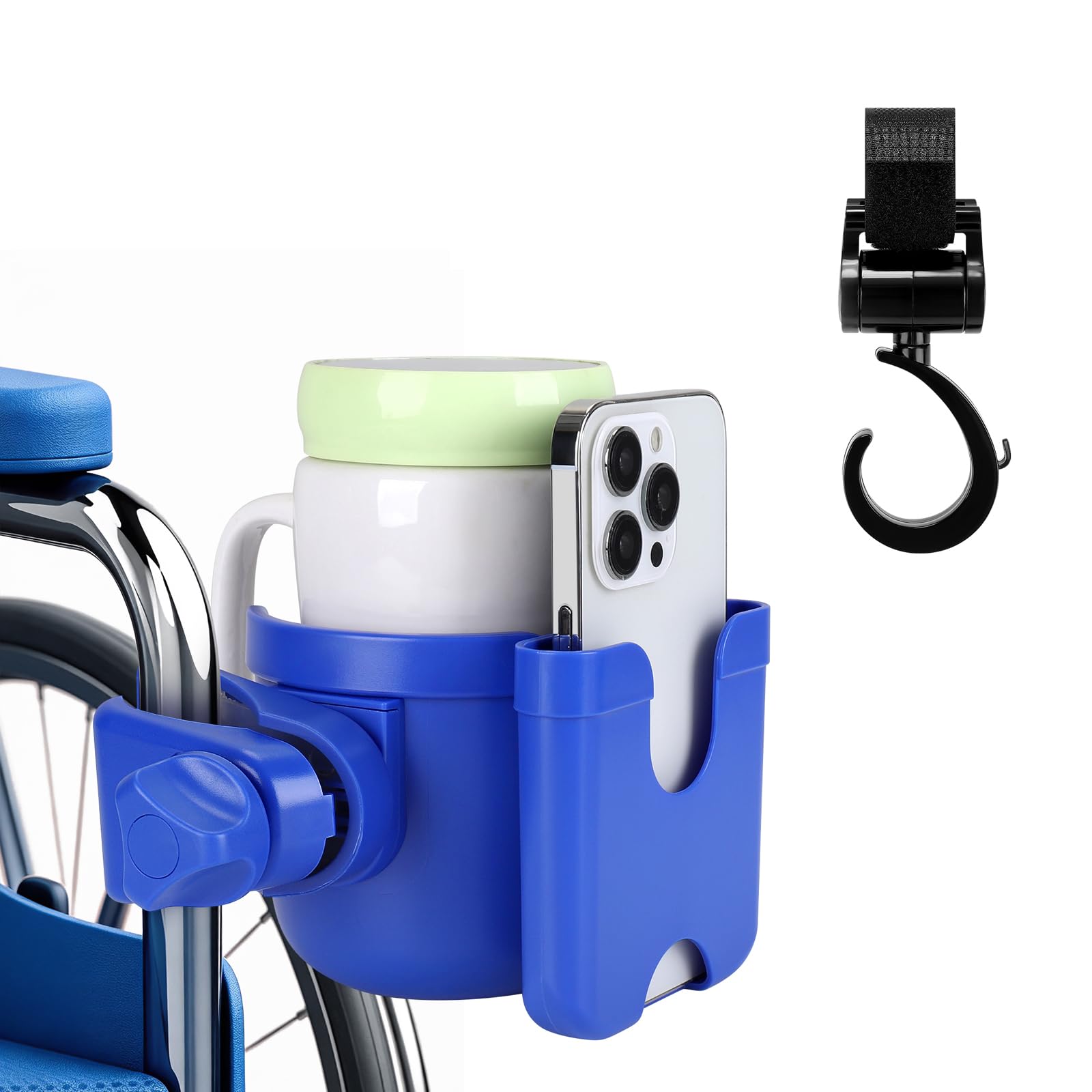 Accmor Wheelchair Cup Holder and Hook, 2-in-1 Walker Cup Holder Attachment, Universal Drinks Holder for Stroller, Scooter, Rollator, Walker, Wheelchair Accessory