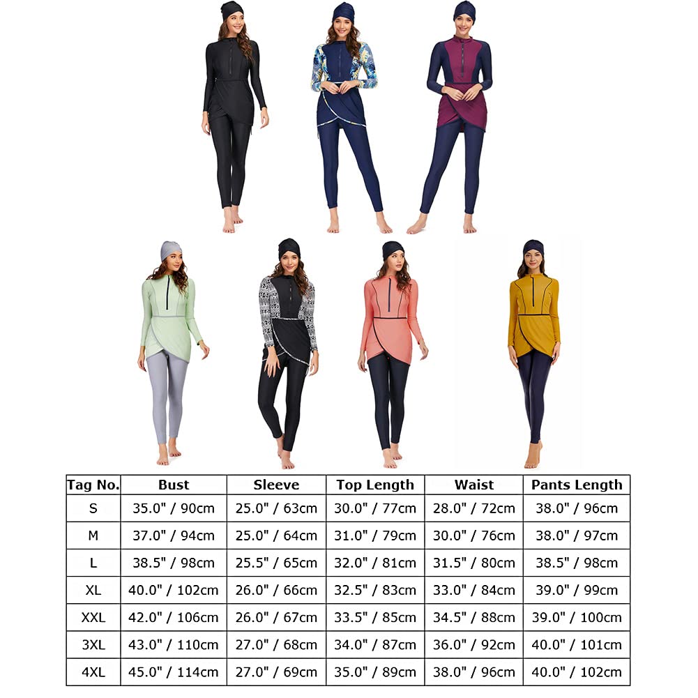 Odizli Costume da bagno musulmano da donna Burkini modesto costume da bagno a maniche lunghe con stampa floreale integrata reggiseno + pantaloni da nuoto + costume da bagno Hijab