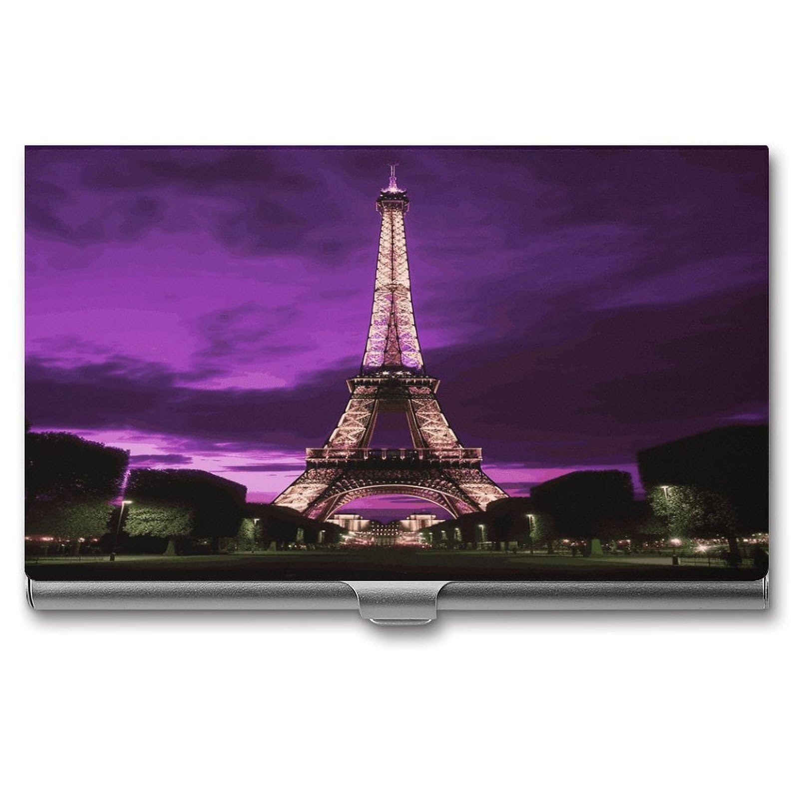 LDGSUPH Purple Eiffel Tower Business Card Holder Fashion Slim Name Card Holder Minimalist Design Case Metal Card Carrier Personalized Business Card Case with Flip for Men Women