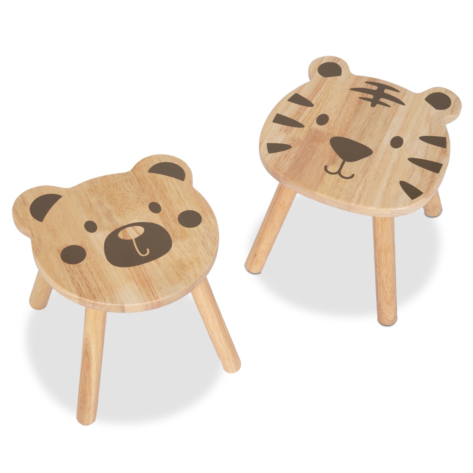 OOOK 11 Inch Rubberwood Animal Chairs, 2 Pack Solid Wooden Stool for Kids, Sitting Stool Kids Furniture for Playroom, Nursery, Preschool, Kindergarten (Tiger & Bear)