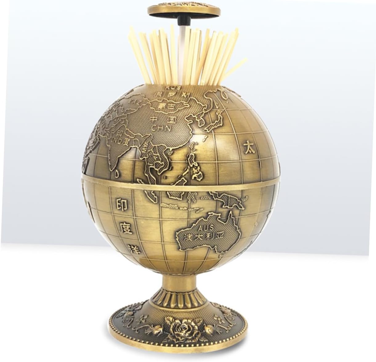 Press-type Toothpick Case with 360° Rotating Globe Design Antique Copper Small Toothpick Holder for Home and Living Room Creative Household Dispenser