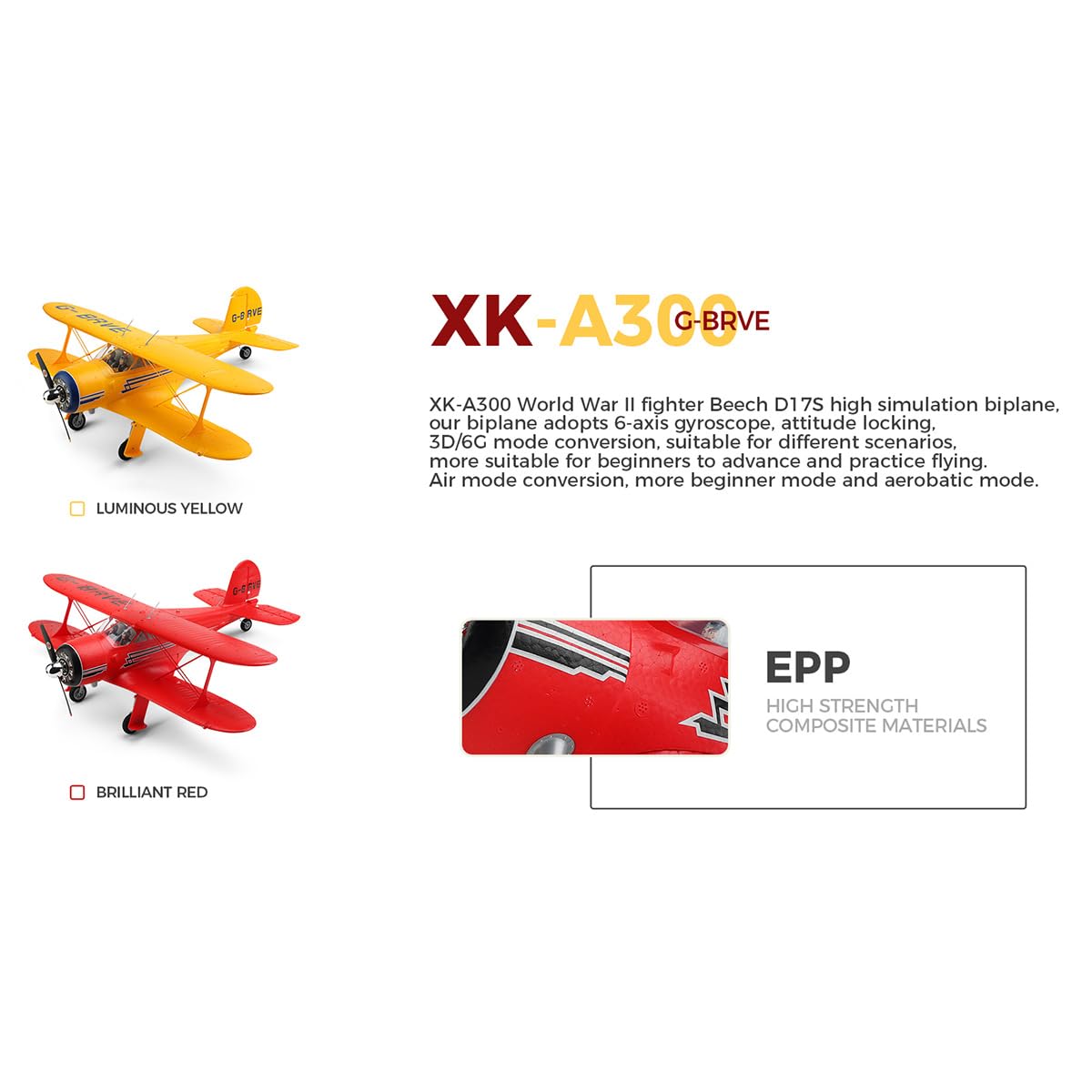 XK A300 Beech D17S - Aereo telecomandato per adulti, biplano 3D/6G 2.4G 4CH Brushless 550 mm apertura alare EPP ad ala fissa RC modello con sgancio rapido, aereo RC per adulti Beg (RTF)