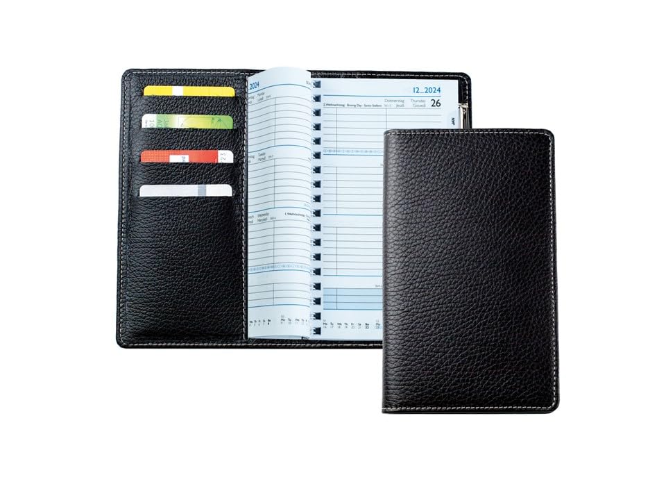 DELMON VARONE - Personalisierbarer Taschenkalender 2026 + 2027 Soft Grain Leder schwarz - Organizer Wochenplaner (1 Woche auf 2 Seiten) Lederhülle - Buch-Kalender mit Wochenübersicht & Spiralbindung
