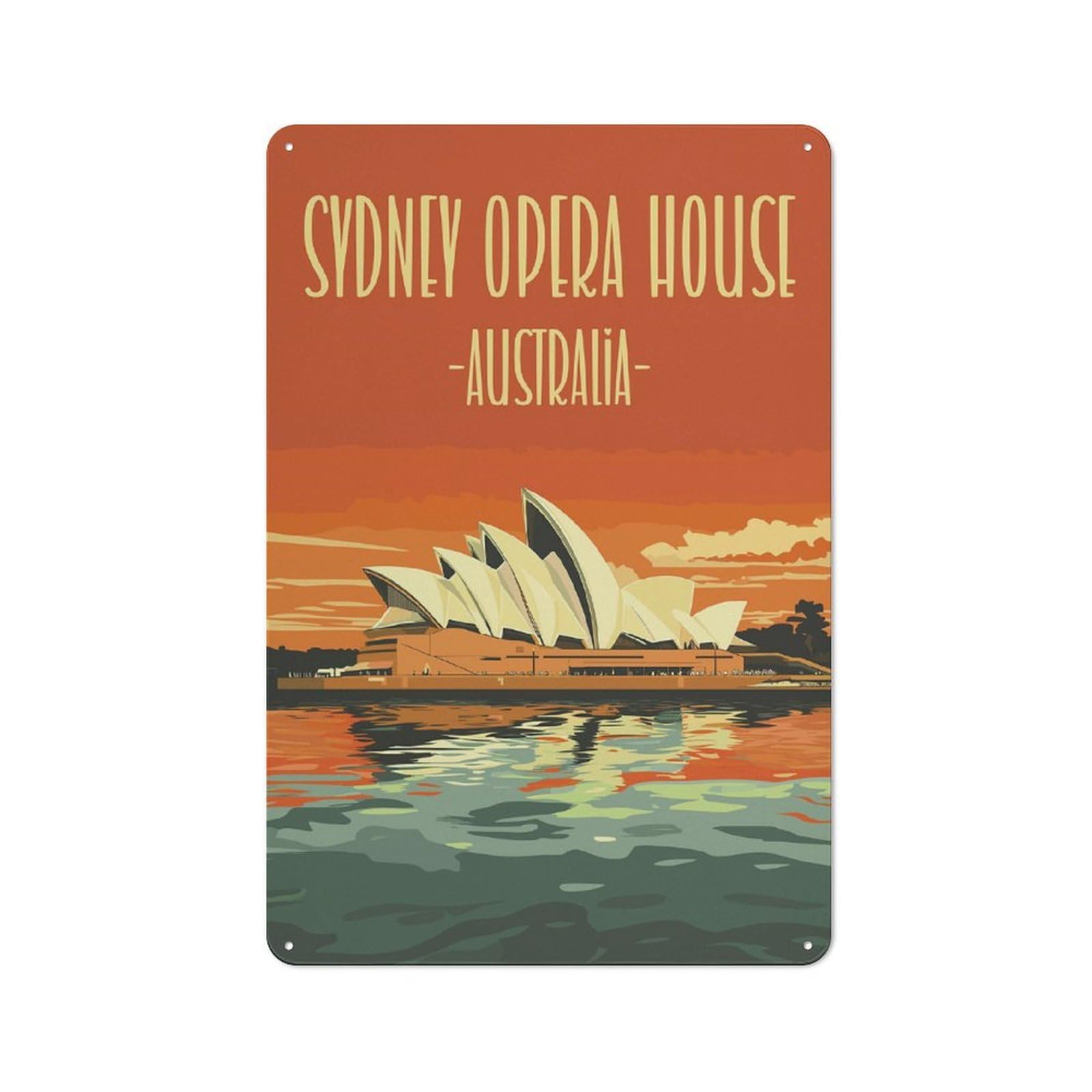 Junmoney Style-18 Metal Wall Plaque With Original Sydney Opera House Poster Design 30X20cm, Retro Room Wall Plaque For Home, Shop, Pub Or Studio Wall