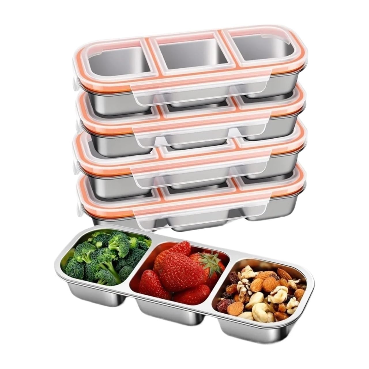 4 pz 304 Contenitori for Snack In Acciaio Inox A Prova di Perdite 3 Scomparti Bento Box for Adulti Scuola Lavoro Viaggio Pranzo Impilabile per Snack