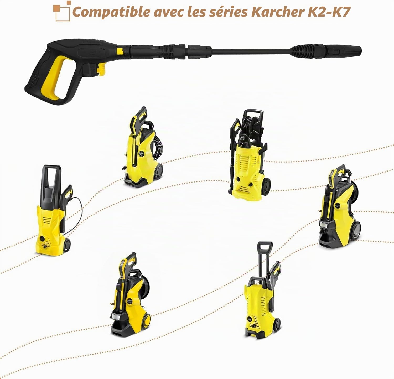Kit de remplacement pistolet Karcher - Pistolet à gâchette à connexion rapide pour nettoyeur haute pression K2 à K7 (jusqu'à 2100 psi), avec lance d'extension, buse réglable et lance à mousse neige