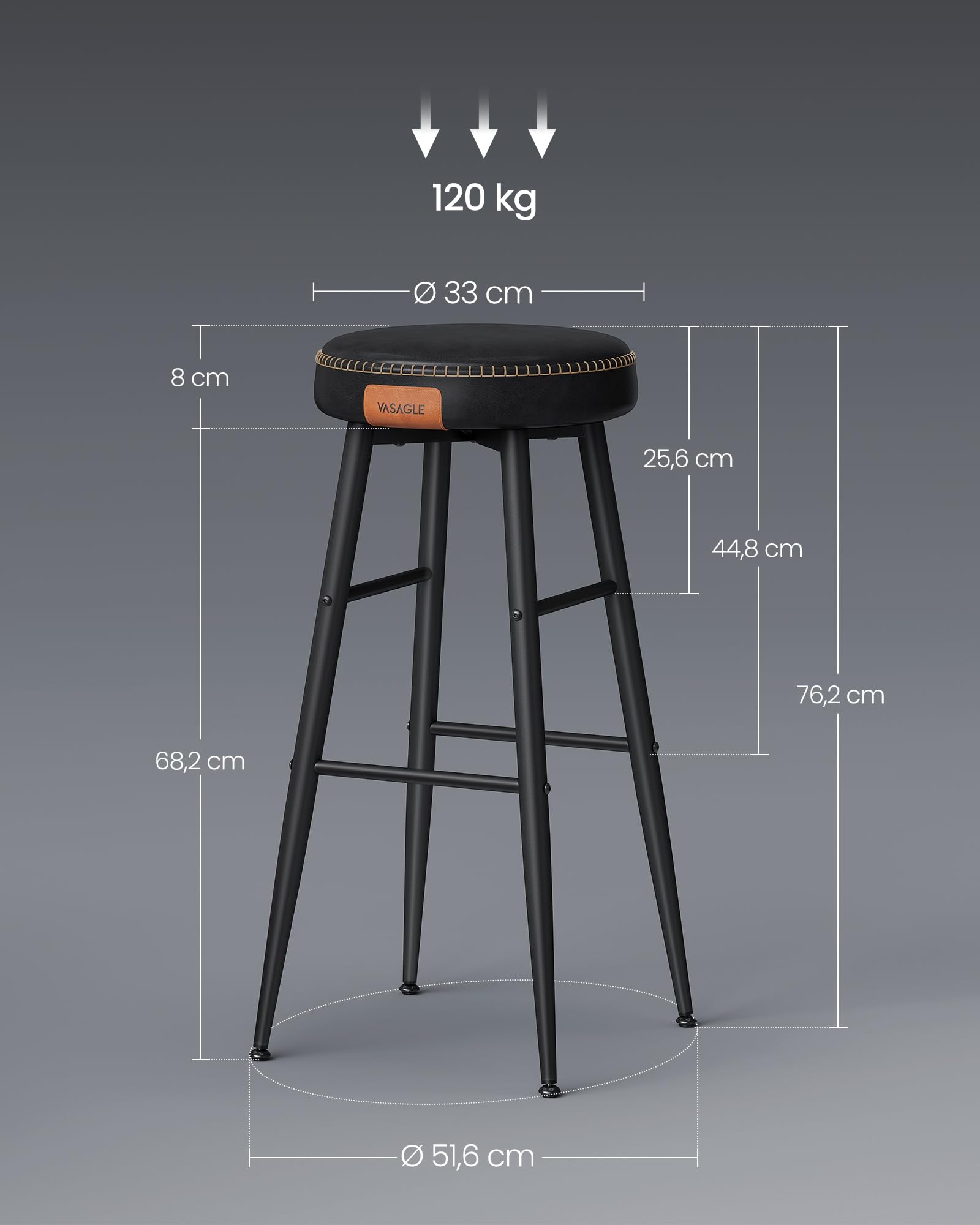 Tabourets De Bar VASAGLE - Lot De 2 - Siège Rembourré PU, Pivotant 360° - Hauteur 65cm - Noir